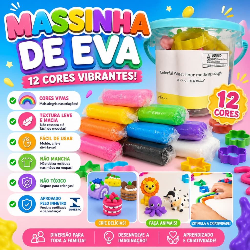 Massinha de EVA 12 Cores Kit Infantil para Modelar Artesanato Criatividade Brinquedo Educativo
