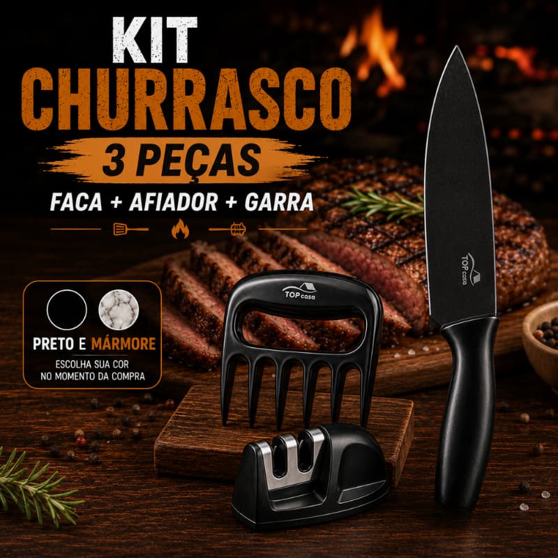 Kit Churrasco Profissional 3 Peças com Faca Afiador e Garra para Carne Preto ou Mármore |TP823| Pronta Entrega