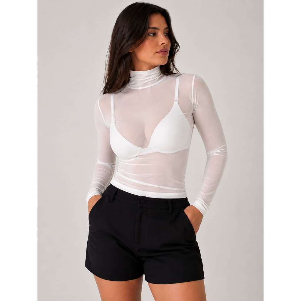 Blusa Tule Transparente Manga Longa Gola Alta Segunda Pele Tendência Com Elasticidade Moda Gringa