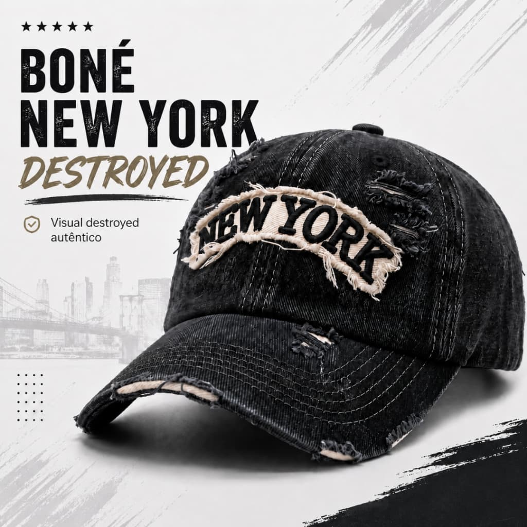 Boné Ny New York Destroyed Rasgadinho Lavado Estonado Clássico Bone Masculino Feminino Lançamento Fitão Ajustável