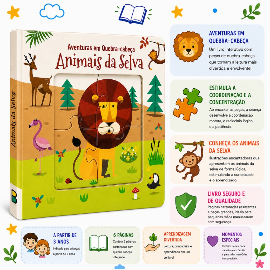 Livro Infantil Quebra-Cabeça Animais da Selva Interativo Educativo Todolivro