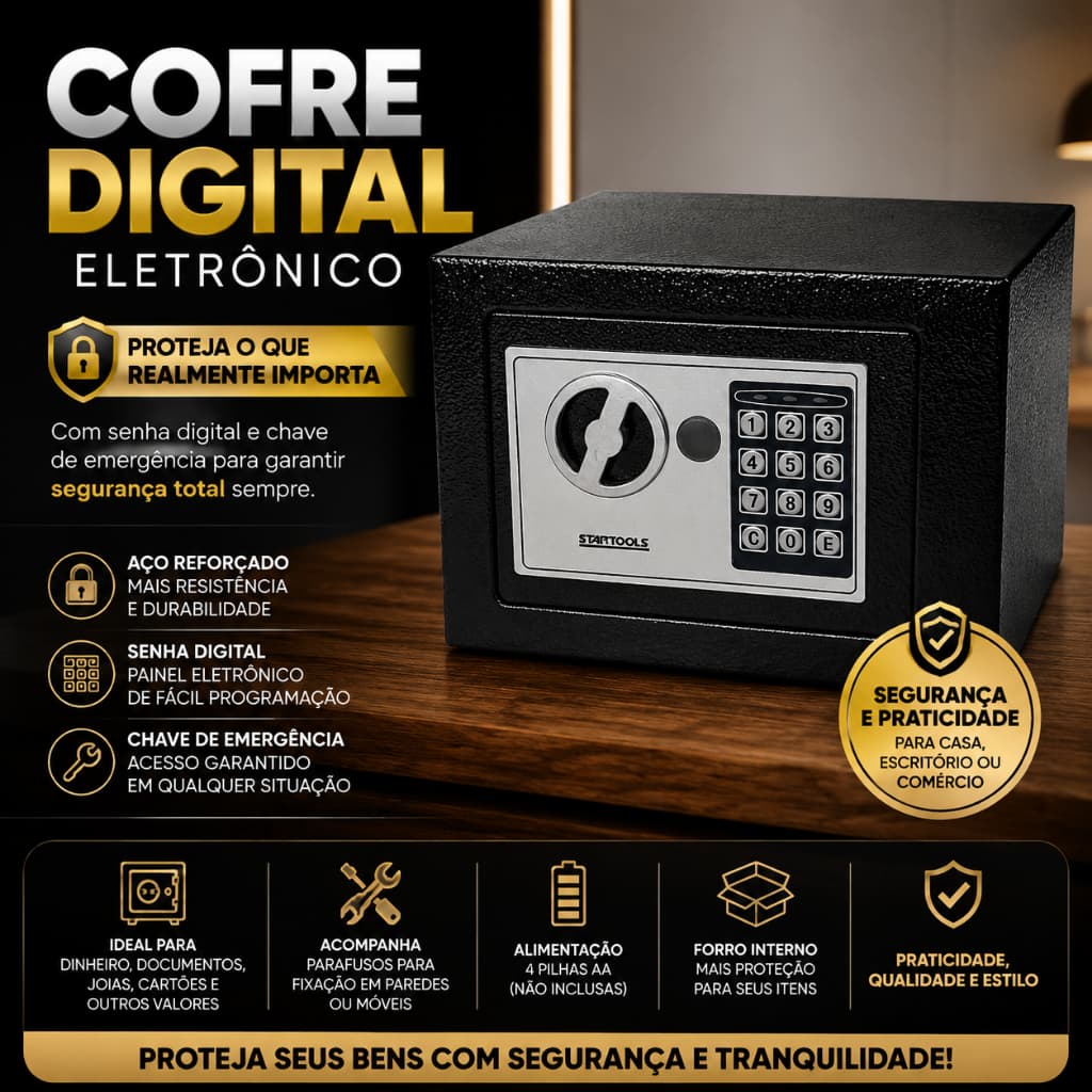 Cofre Digital Eletrônico Senha Teclado E Chave Segurança Luxo Seguro Programável