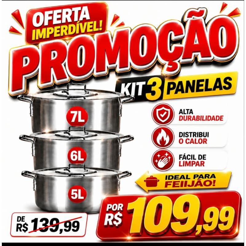 Kit 3 pecas, Jogo de Panela alumínio 3 peças (FULL)