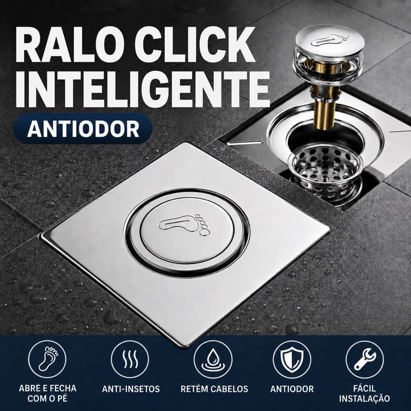 Ralo Click Inteligente Pop Up Antiodor Anti-Insetos com Filtro de Cabelo em Aço Inox para Banheiro 9,8cm