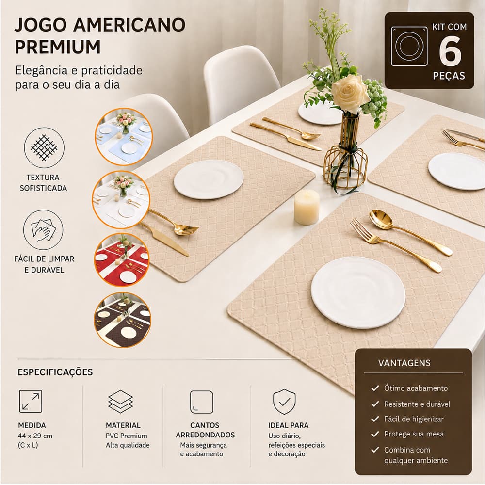 6 Jogo Americano Matelasse Cor Bege Pvc