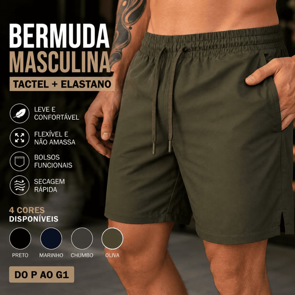 Short Masculino Tactel Elastano Casual Praia Passeio Dia a Dia Bermuda Confortável