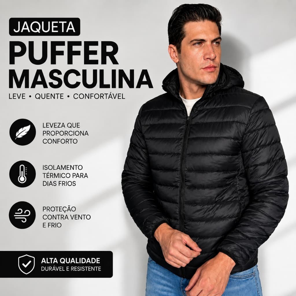 Jaqueta Puffer Masculina Bobojaco Com Capuz Removível Corta Vento Repele Água Inverno Frio