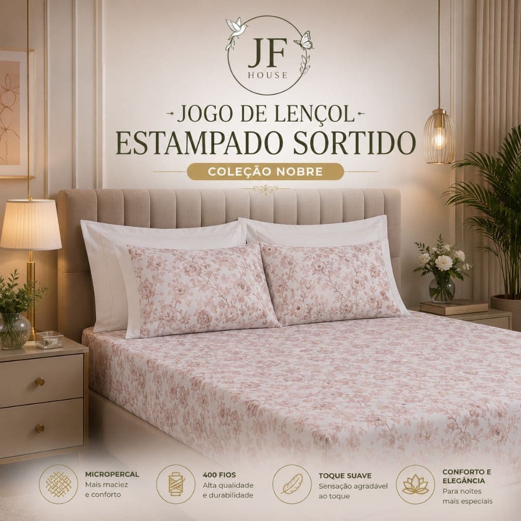 Jogo de Lençol 3 Peças Nobre Estampas Sortidas e Variadas Micropercal 400 Fios com Elástico Toque Macio