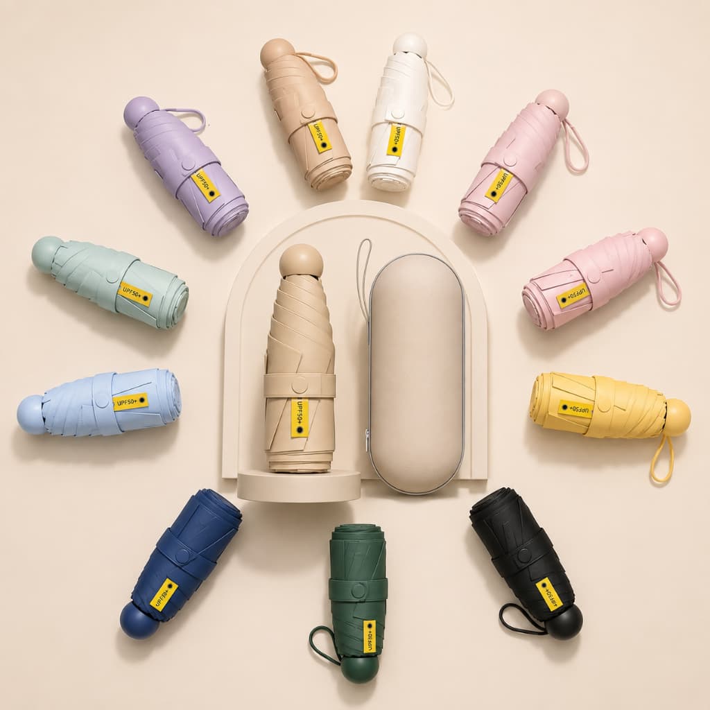 Mini Guarda-Chuva Cápsula Portátil Dobrável UPF50+ Proteção UV Compacto Leve para Bolsa Chuva e Sol