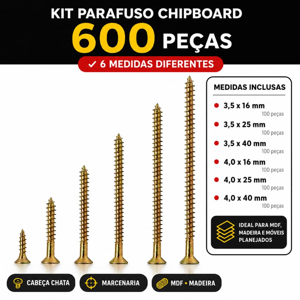 Kit Parafuso Chipboard Para Madeira Cabeça Chata 600 Peças Mdf Marcenaria Diversas Medidas