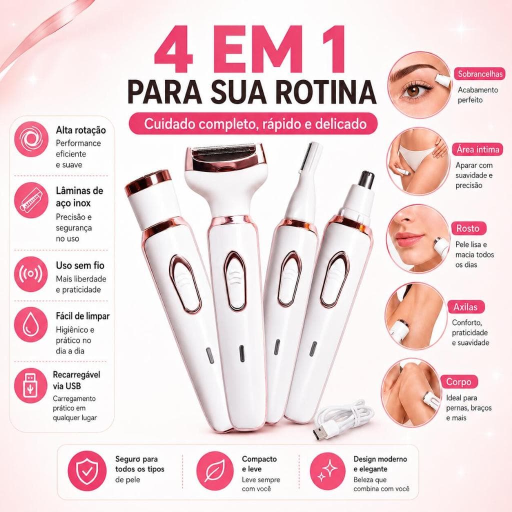 Depilador Elétrico Feminino 4 em1 Multifuncional USB Recarregável Removedor Pelos Facial Corpo Axila Virilha Sobrancelha