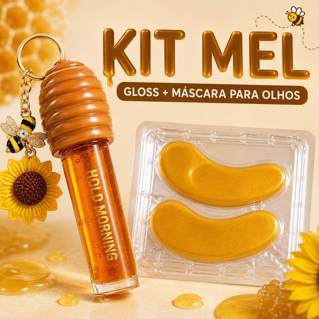 Kit Gloss de Mel Chaveiro + Máscara para Olhos Patches Dourados Hidrogel Autocuidado
