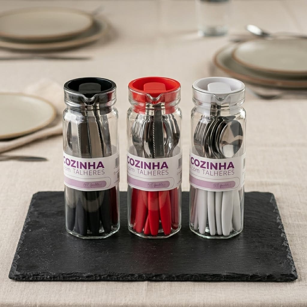 Kit Jogo de Talheres Faqueiro 25 Peças com Jarra Vidro 1 Litro Conjunto para Mesa