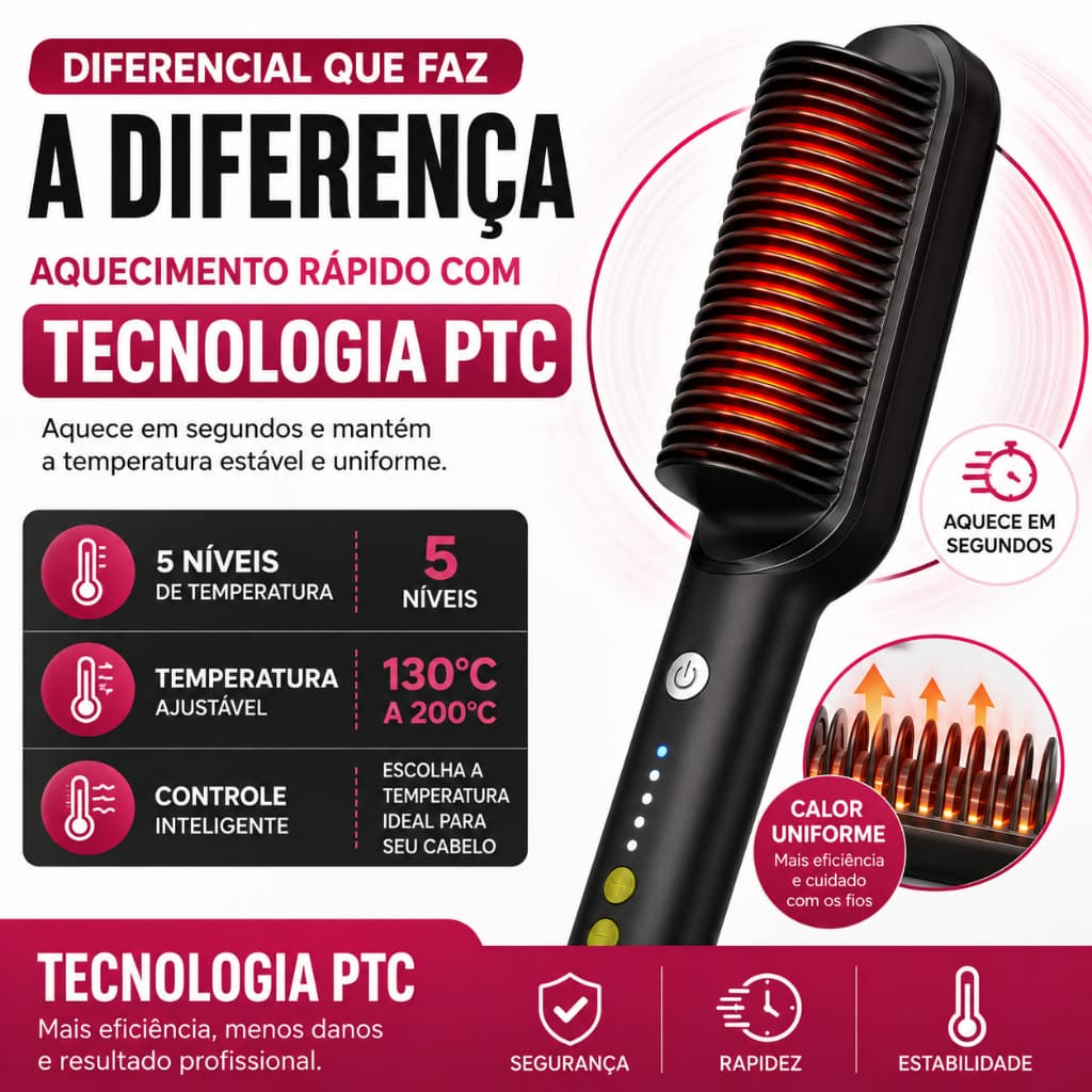 Escova Alisadora de Cabelo Elétrica Bivolt PTC 5 Temperaturas Anti Queimadura Aquecimento Rápido 45W