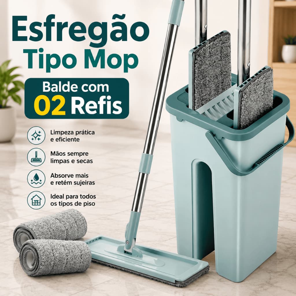 Rodo Flat Mop Balde Lava Seca Pratico Com 2 Refis Microfibra Limpeza Fácil