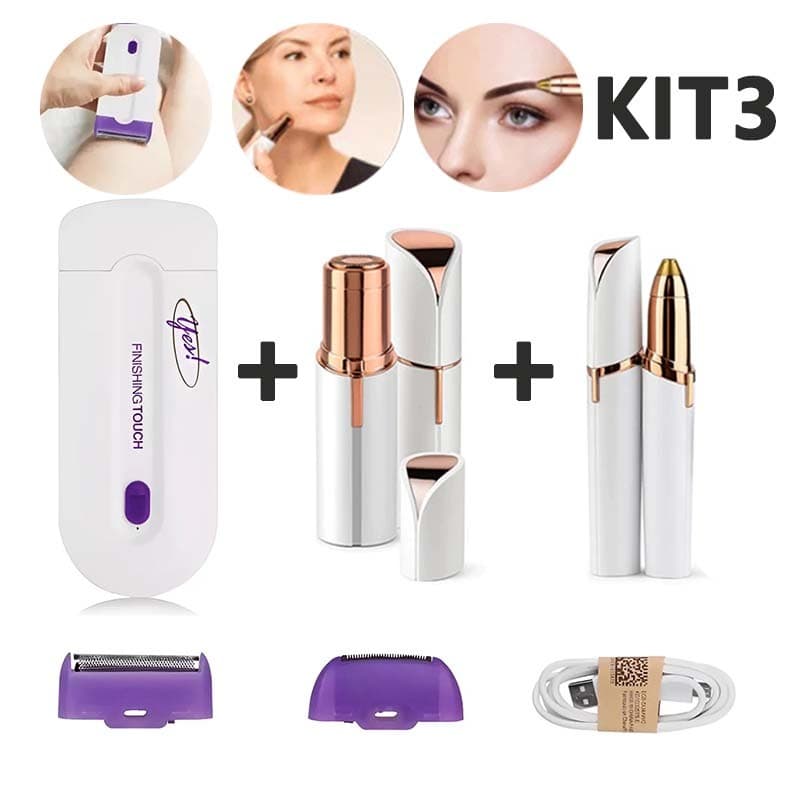 Kit 3 em 1 Depilador Elétrico Portátil – Corpo, Rosto, Nariz e Sobrancelha, USB Recarregável