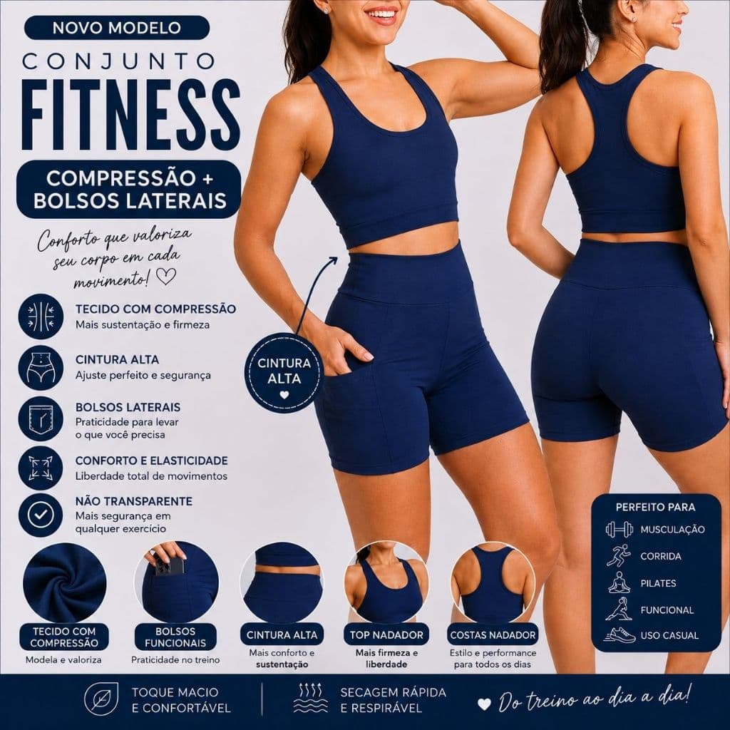 Conjunto Fitness Top e Short I Top costas Nadador I Short bolsos laterais I Tecido compressão média I Academia, treino