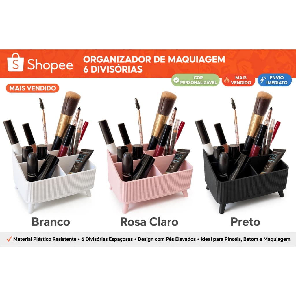 Organizador de Maquiagem e Pincéis Elegante Caixinha Multiuso Com Pés Porta Batom e Cosméticos