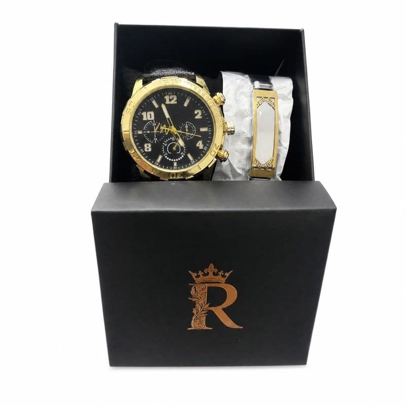 kit relógio masculino dourado + pulseira grega preta