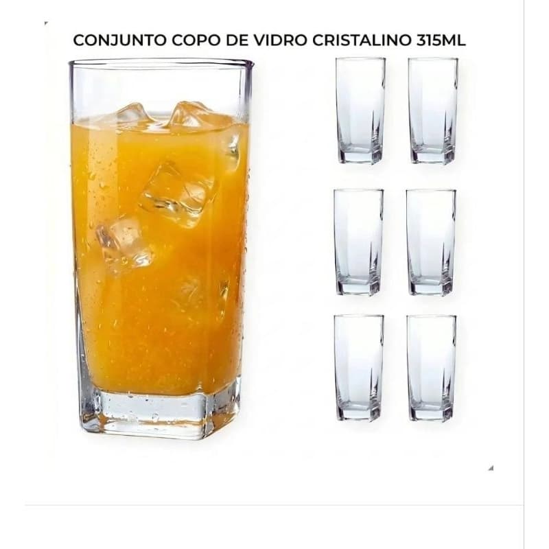 jogo de copos kit 6 copos quadrados fundo reforçado 315ml  vidro transparente Vista home