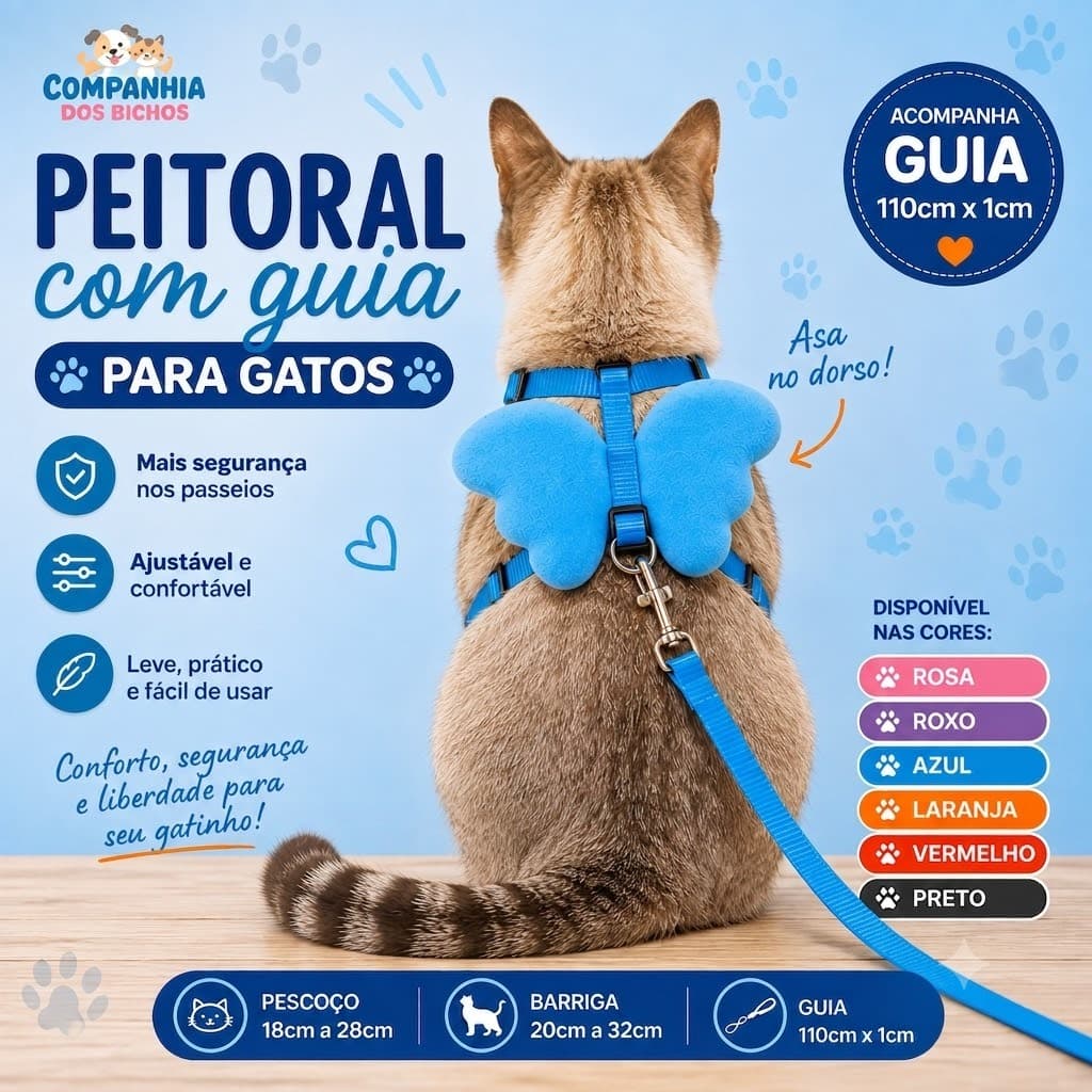 Coleira Gato Luxo Peitoral Com Guia Ajustavel Seguro