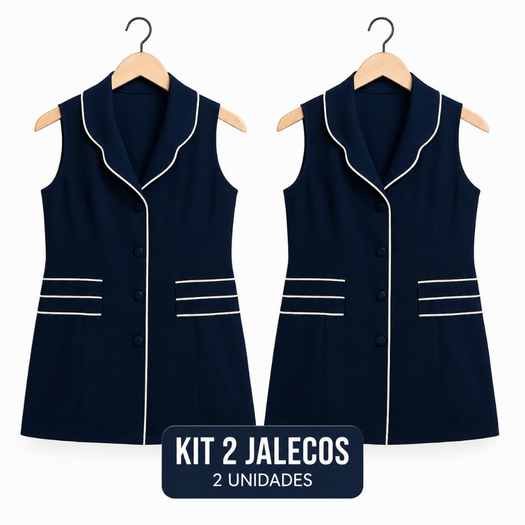 Kit 2 Jalecos Femininos Colete Azul Marinho | Jaleco Profissional Gabardine Premium Plus Size P ao G2