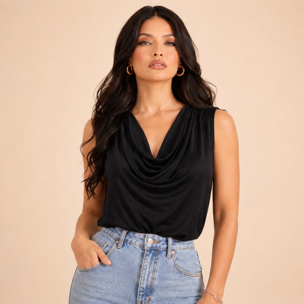 Blusa Regata Feminina Gola Boba De Poliamida Suplex Premium Drapeada Lisa Moda Elegante P ao G