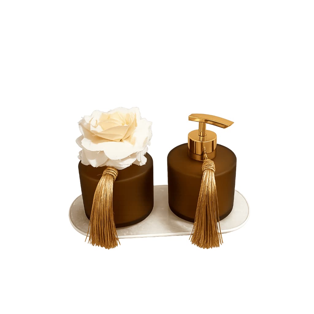 Kit Lavabo Luxo Vidro 6 Peças Difusor Saboneteira Bandeja Flor Difusora Kit  Personalizado