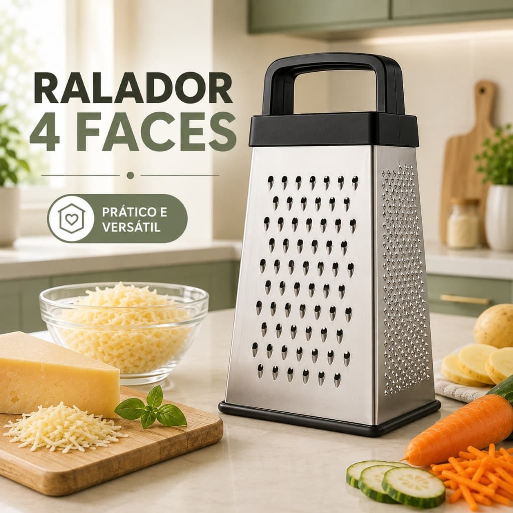Ralador 4 Faces em Aço Inox com Alça – Rala, Fatia e Desfia Queijo Legumes e Verduras