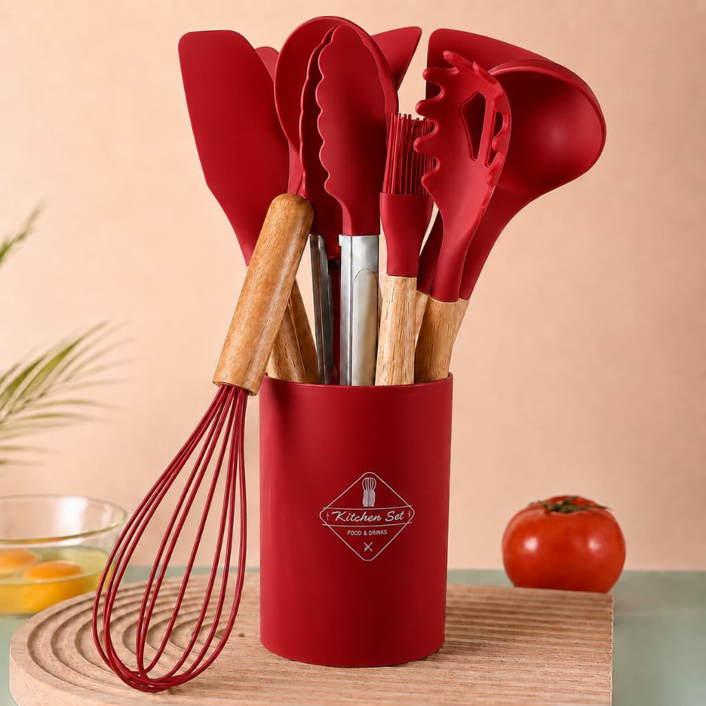 Jogo de Cozinha Kit C/12 Peças de Silicone, Utensílios e Copo Suporte para Cozinha Cabo de Madeira