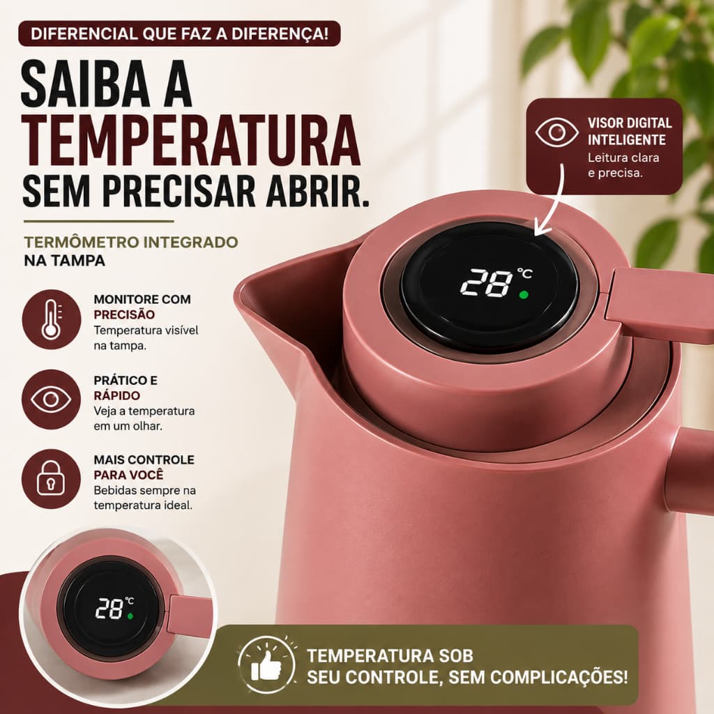 Garrafa Térmica 1 Litro com Termômetro Digital LED Cabo de Madeira para Café e Chá