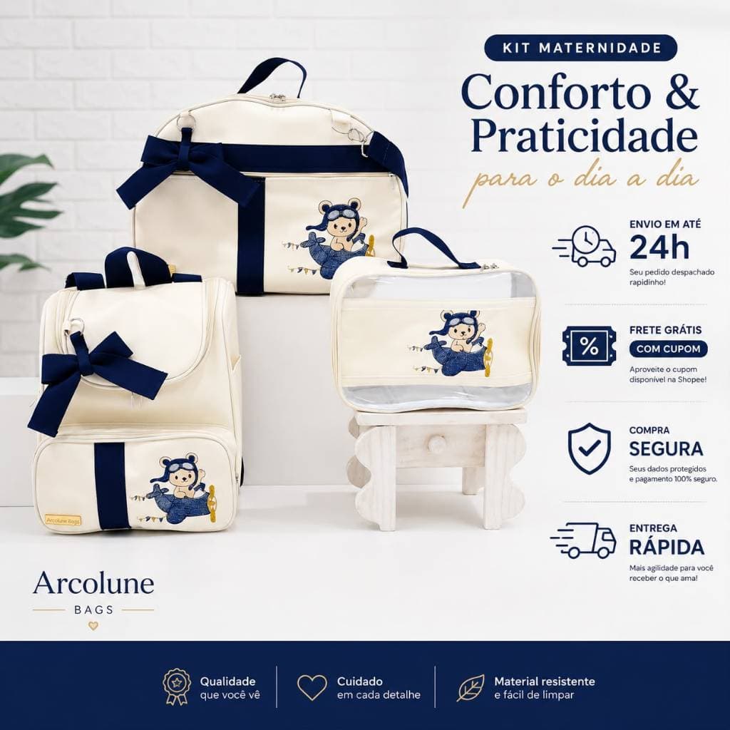 Bolsa Maternidade menino | mala, mochila e necessaire transparente tema aviador, térmica e impermeável