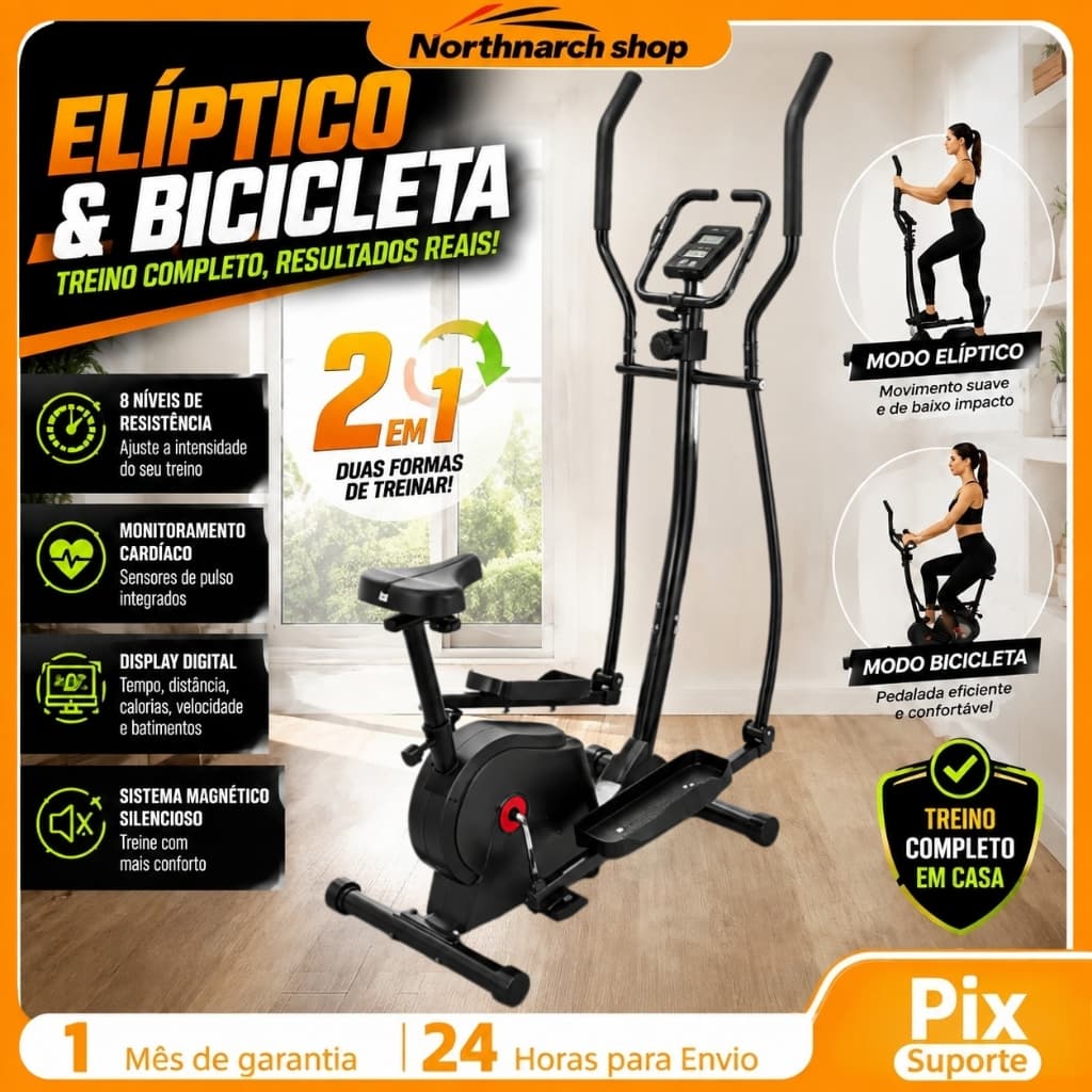 2 EM 1 Magnetic Elliptical Bike & Exercise Bike  110kg Capacity 8-Level Resistance Control