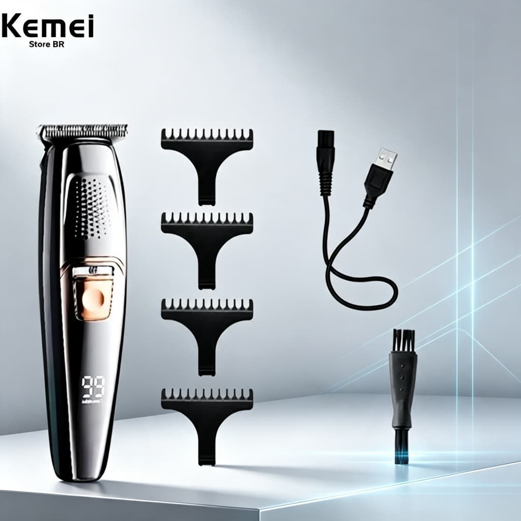 Máquina Acabamento Clipper Tela De Led Kemei-8602 Bivolt Usb