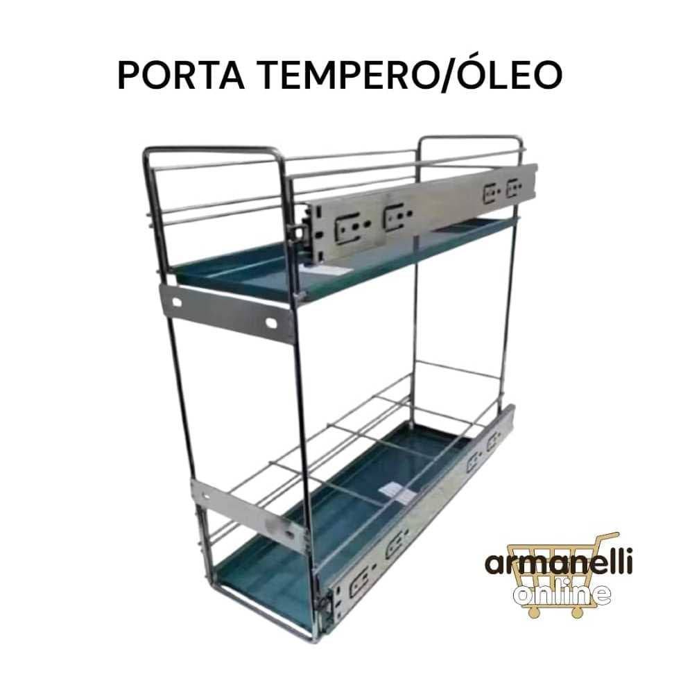 Porta Temperos Duplo Largo Deslizante com Corrediça Suporte para Óleo Latas Temperos Inox 17x44x45cm