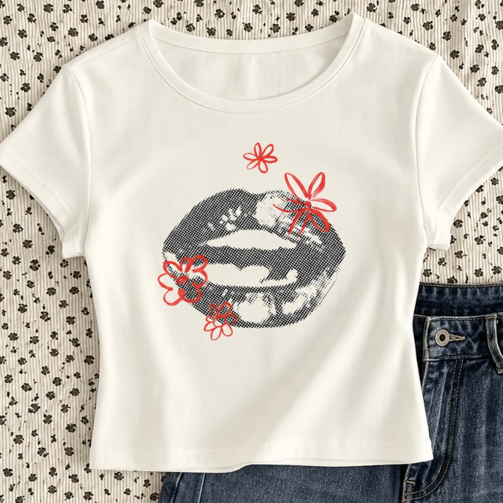 Cropped Feminino Estampa Boca Floral Blusinha Moderna Manga Curta Fashion Look Casual