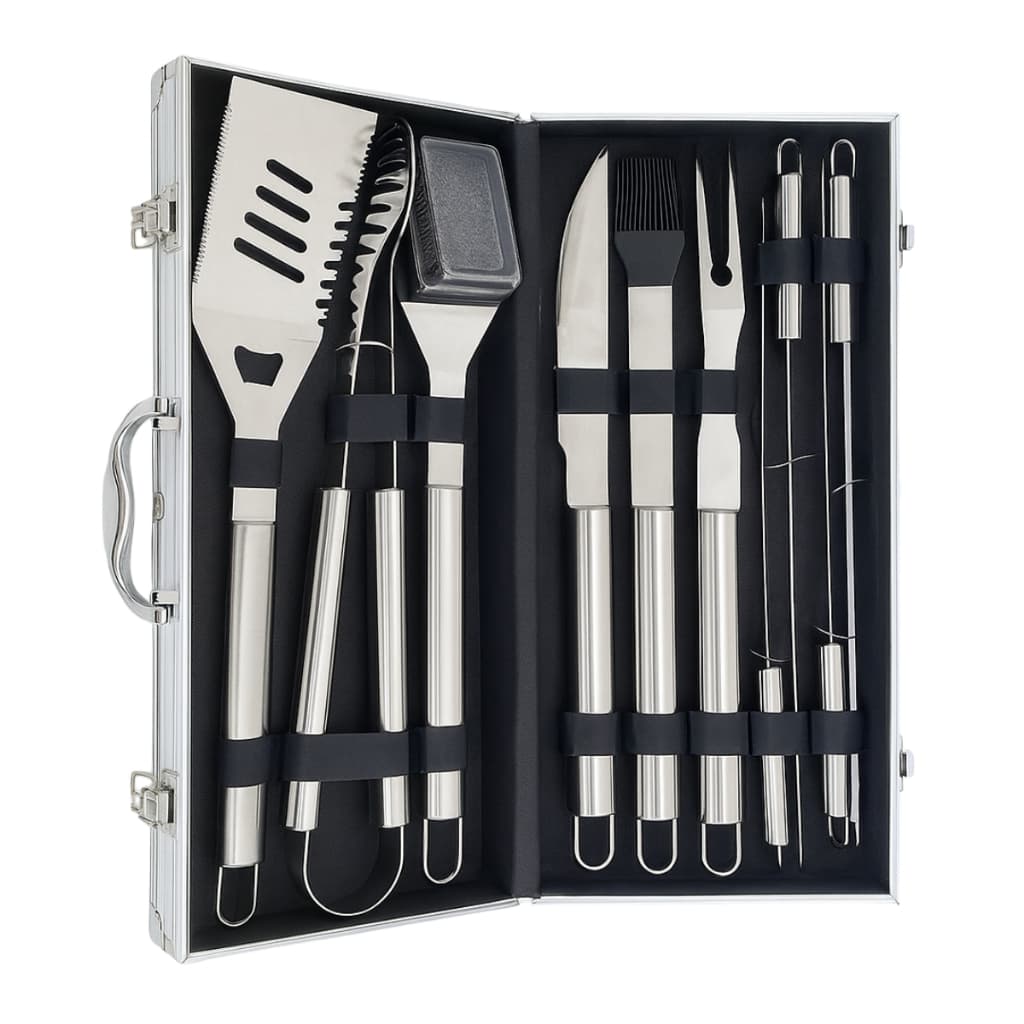 Kit Churrasco 10 Peças Aço Inox com Maleta Faca Garfo Pegador Espátula Espetos e Acessórios
