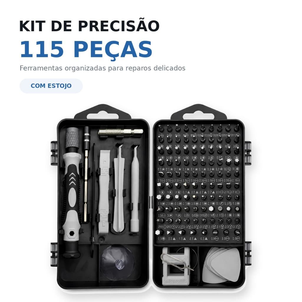 Kit Ferramentas Precisão 115 Peças – Chaves de Fenda para Celular, Notebook e Tablet