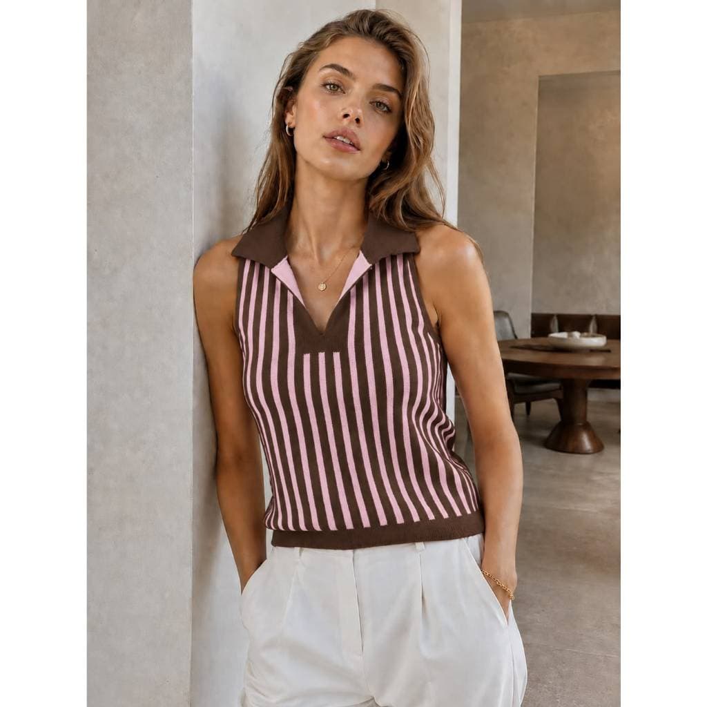 Colete Feminino Gola Polo em Modal Listrado Sem Manga Tricô Elegante Casual