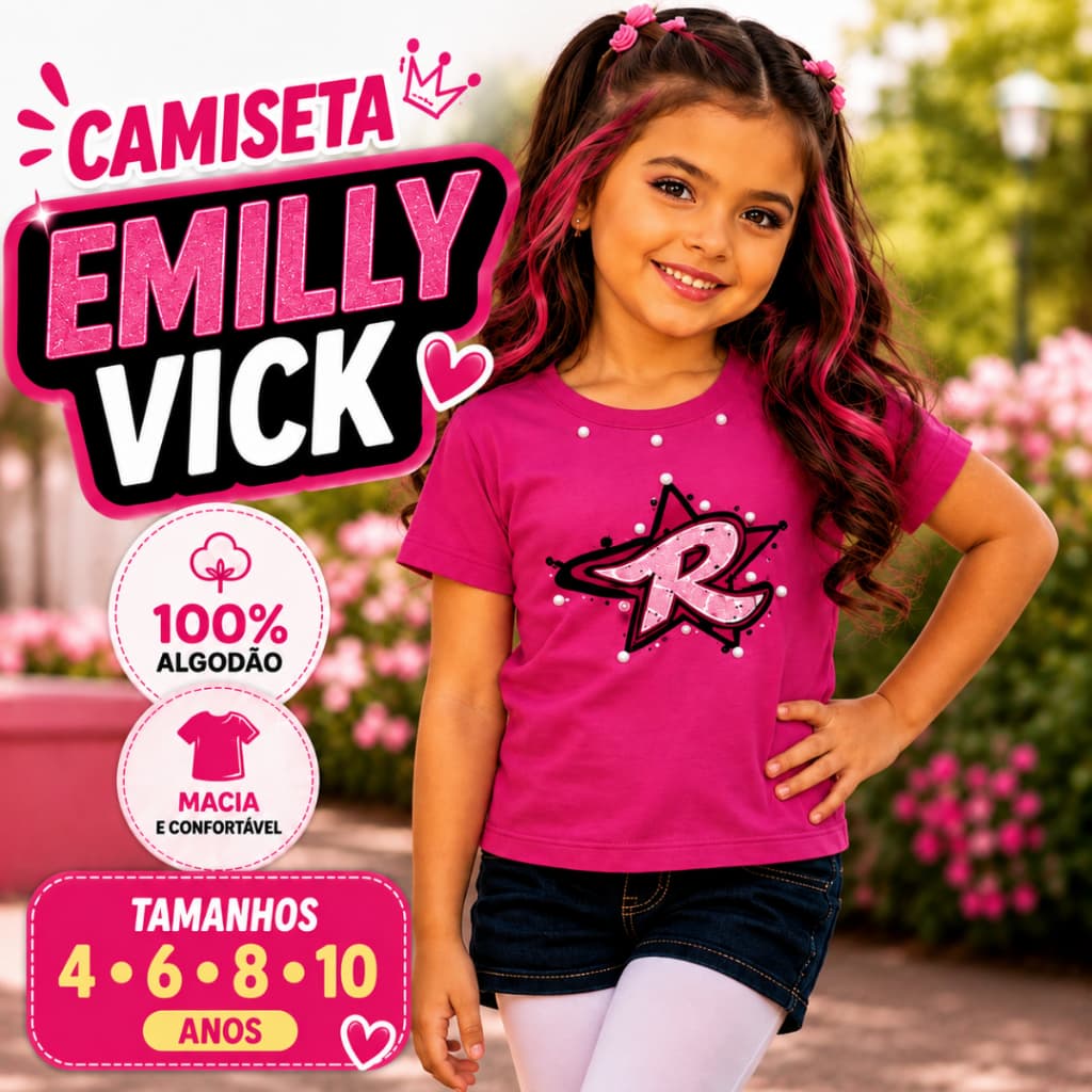 Camiseta Infantil Menina Emilly Vick Rosa Pink 100% Algodão Manga Curta 4 ao 10 Grupo dos Rosas