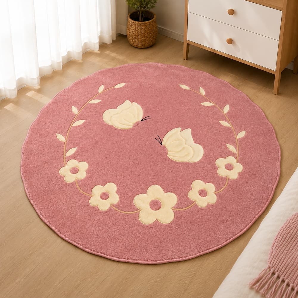 Tapete pelucia menina borboletas rose 1,20 x 1,20 cm com base emborrachada