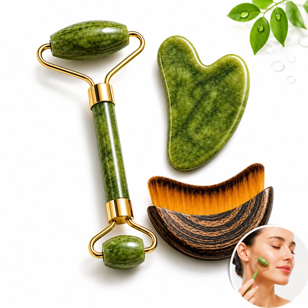 Kit 3 Peças Rolo de Jade Gua Sha Massageador Facial com Escova para Drenagem Linfática