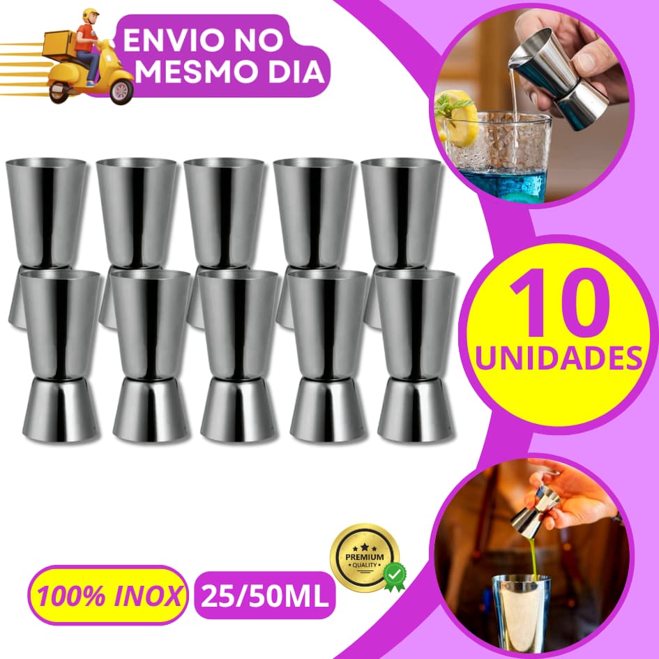 KIT 5/10 Medidor Dosador Duplo 25/50ml de Bebidas em Aço Inox Jigger Drinks Coquetéis Bartender Bar