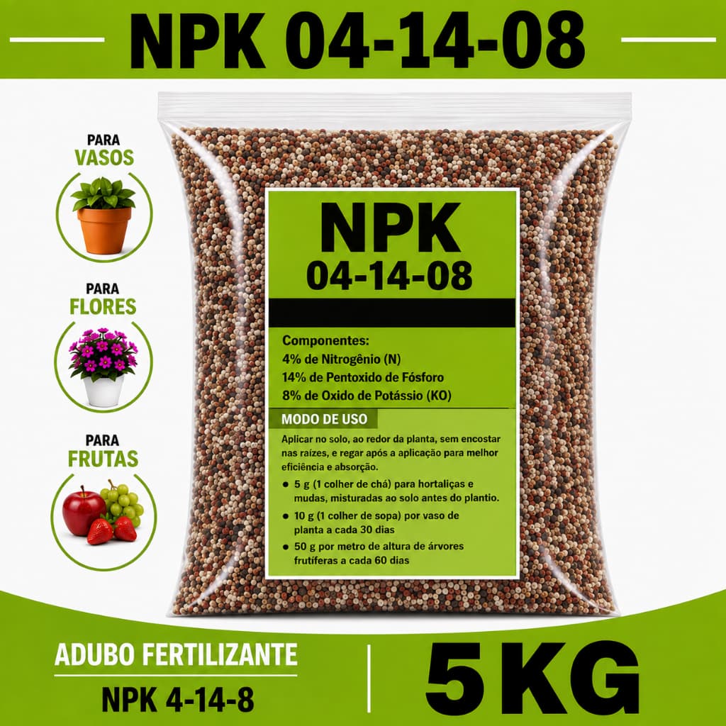 Adubo Fertilizante - NPK 04-14-08 - Mais Flores, Frutos, Plantas Saudáveis, Para Horta, Jardim, Vasos e Gramado