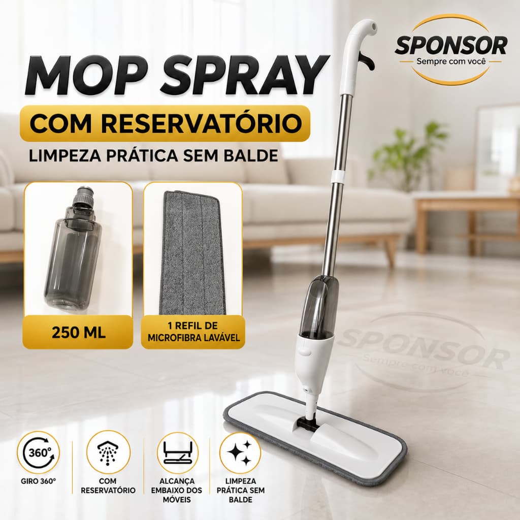 Mop Spray com Reservatório e Refil de Microfibra lavável – Limpeza Prática Para Pisos, Paredes E Teto