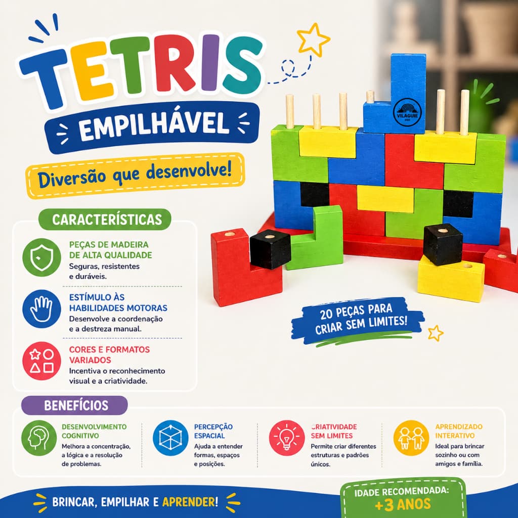 Tetris Empilhável de Madeira Brinquedo Educativo Pedagógico de Montar Blocos de Encaixe