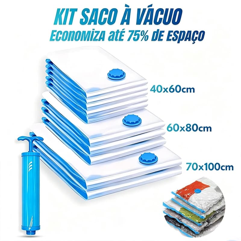 Kit of 5 or 10 Vacuum Storage Bags with Organizer and Manual Pump for Wardrobe Organization, Travel, Reusable