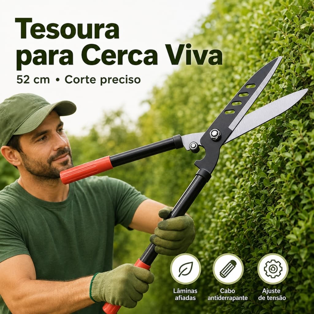 Tesoura de Poda para Cerca Viva 52 cm com Cabo Antiderrapante para Arbustos e Jardim