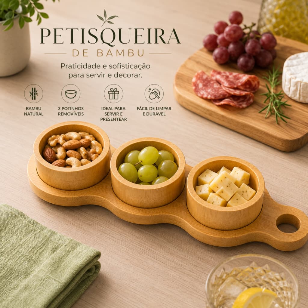 Petisqueira de Bambu com 3 Potes Removíveis 85ml Bandeja para Petiscos Aperitivos Frios Doces Molhos 34cm