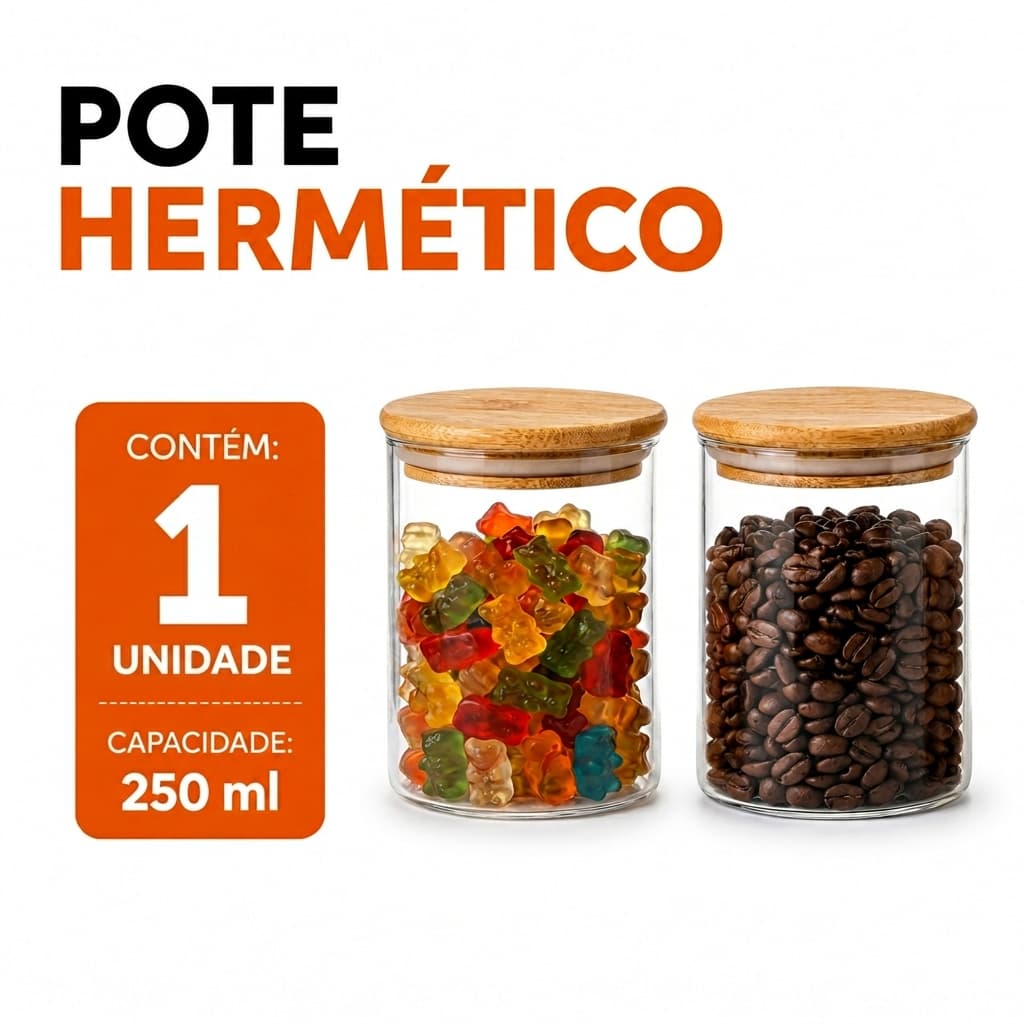 Pote Vidro Hermético Potinho Com Tampa de Bambu 250ml